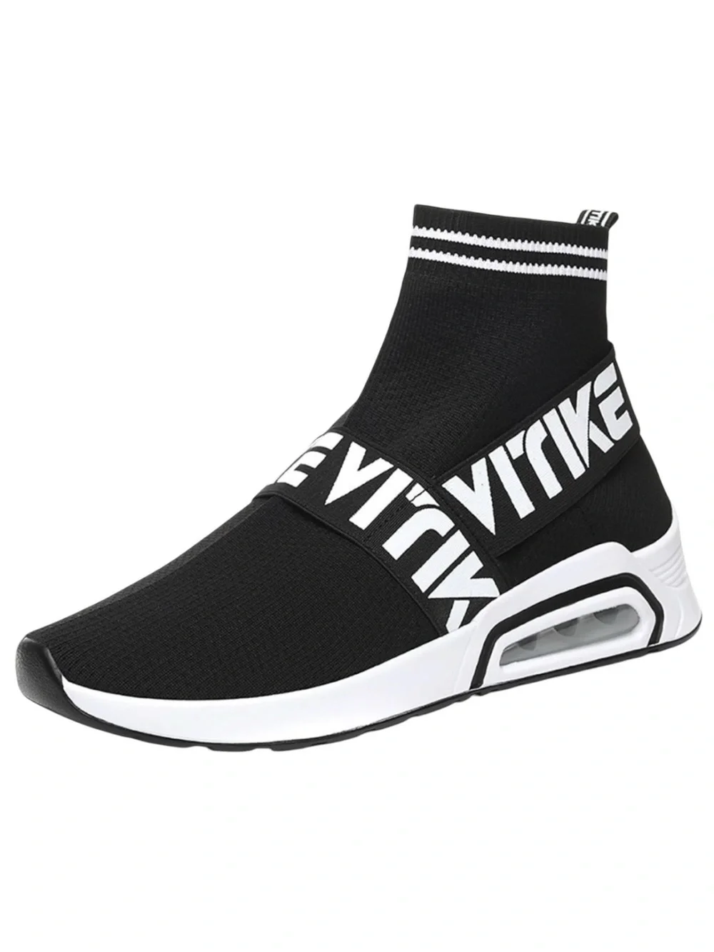 Black Knit High-Top Slip-On Sneakers with Contrast Strap